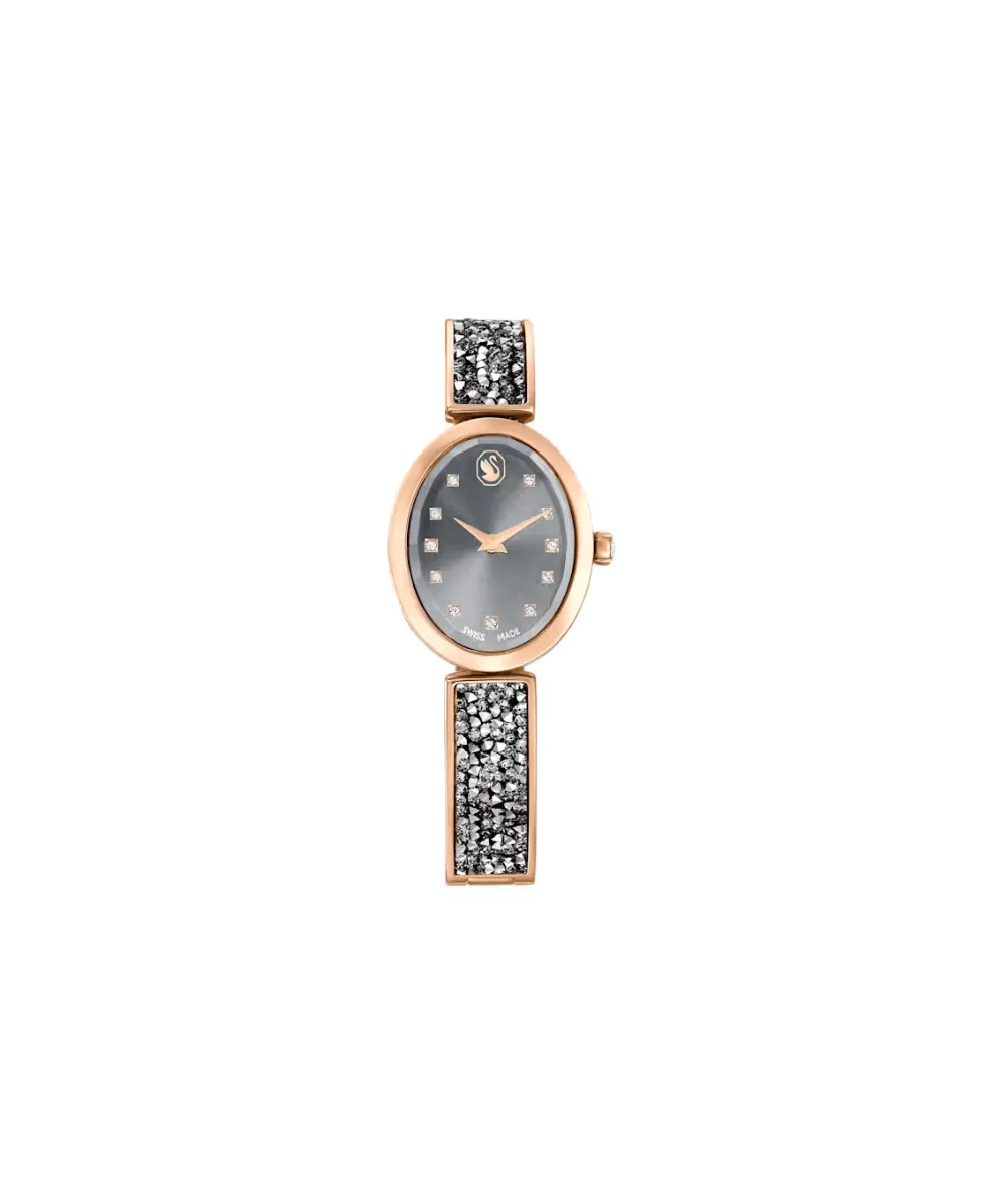SWAROVSKI CRYSTAL ROCK OVAL WATCH, SWISS MADE, CRYSTAL BRACELET, GRAY, ROSE GOLD-TONE FINISH