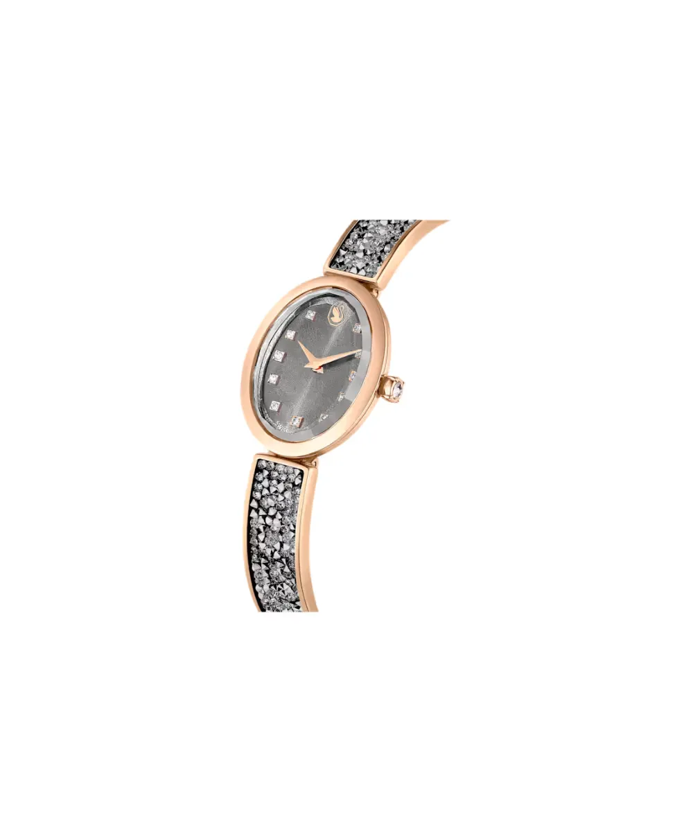 SWAROVSKI CRYSTAL ROCK OVAL WATCH, SWISS MADE, CRYSTAL BRACELET, GRAY, ROSE GOLD-TONE FINISH