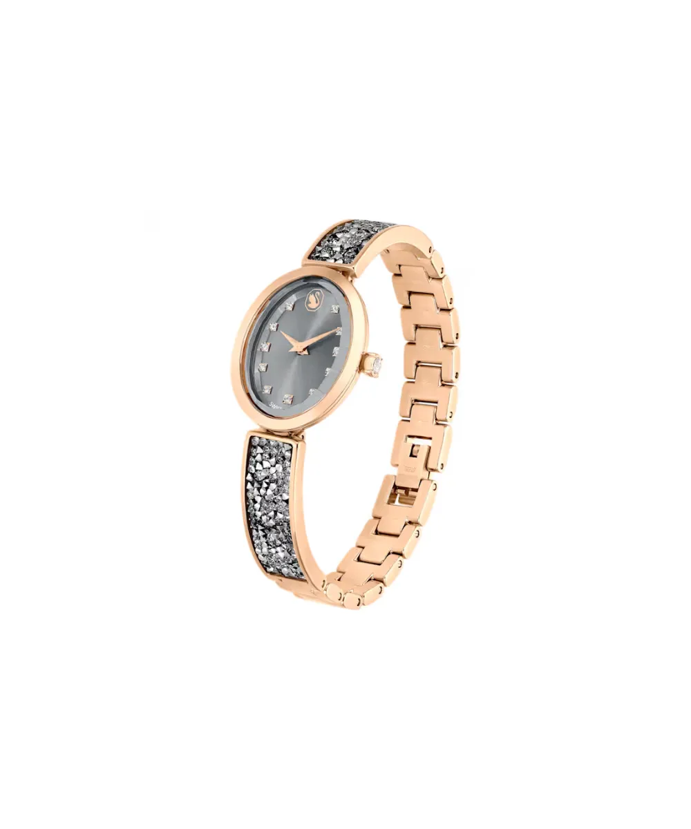 SWAROVSKI CRYSTAL ROCK OVAL WATCH, SWISS MADE, CRYSTAL BRACELET, GRAY, ROSE GOLD-TONE FINISH