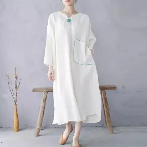 White Linen Pullover Dress with Long Sleeves Dress