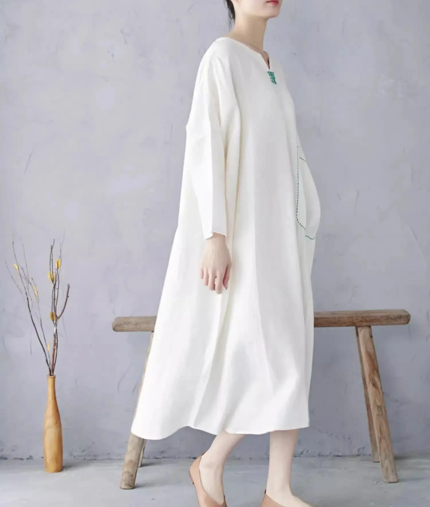 White Linen Pullover Dress with Long Sleeves Dress