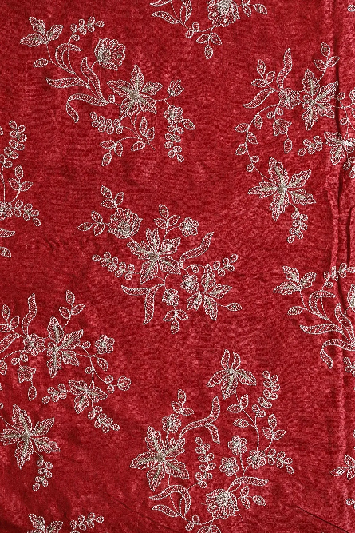 White Thread With Gold Sequins Floral Embroidery On Fire Brick Red Pure Bamboo Silk Fabric