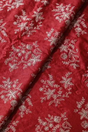 White Thread With Gold Sequins Floral Embroidery On Fire Brick Red Pure Bamboo Silk Fabric