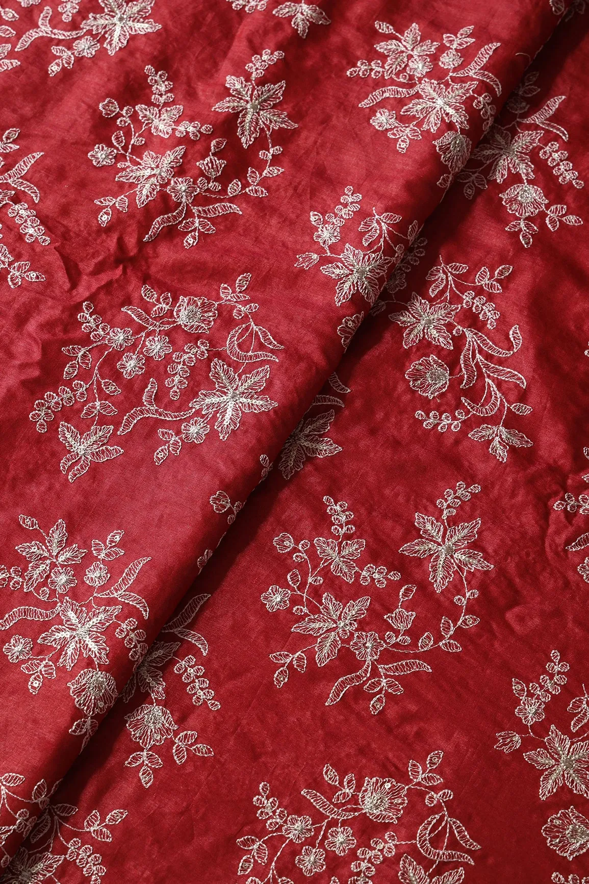 White Thread With Gold Sequins Floral Embroidery On Fire Brick Red Pure Bamboo Silk Fabric