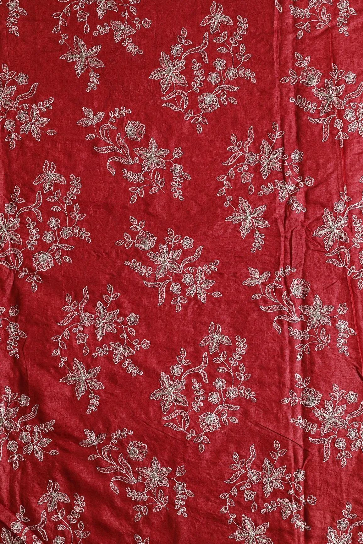 White Thread With Gold Sequins Floral Embroidery On Fire Brick Red Pure Bamboo Silk Fabric