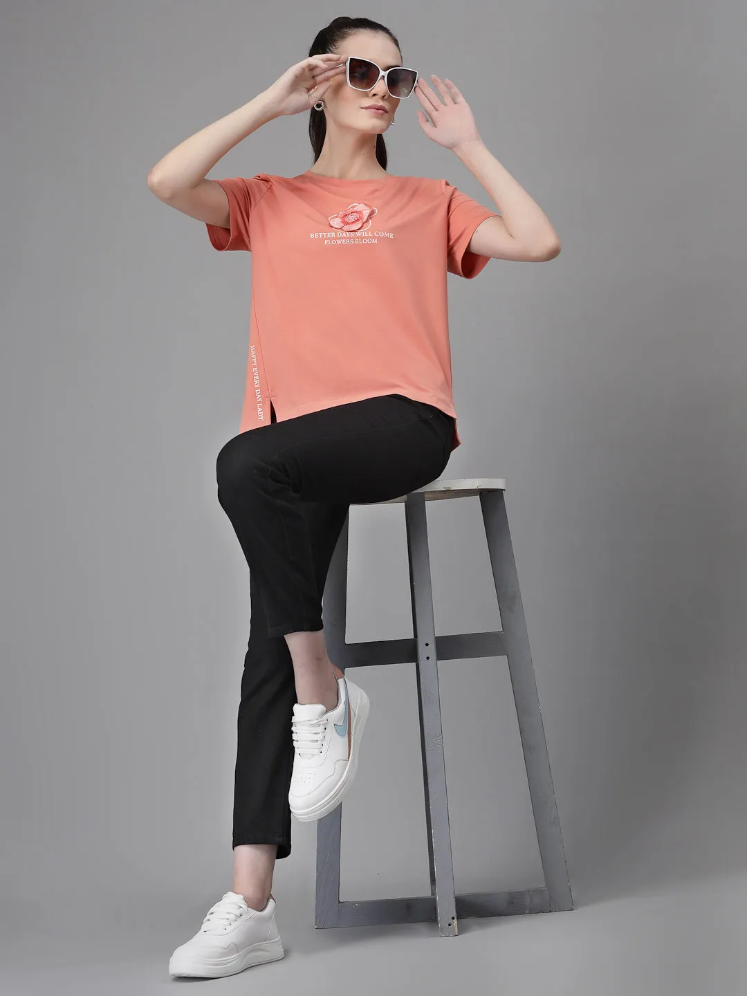 Women Regular Fit Round Neck Printed Peach Top