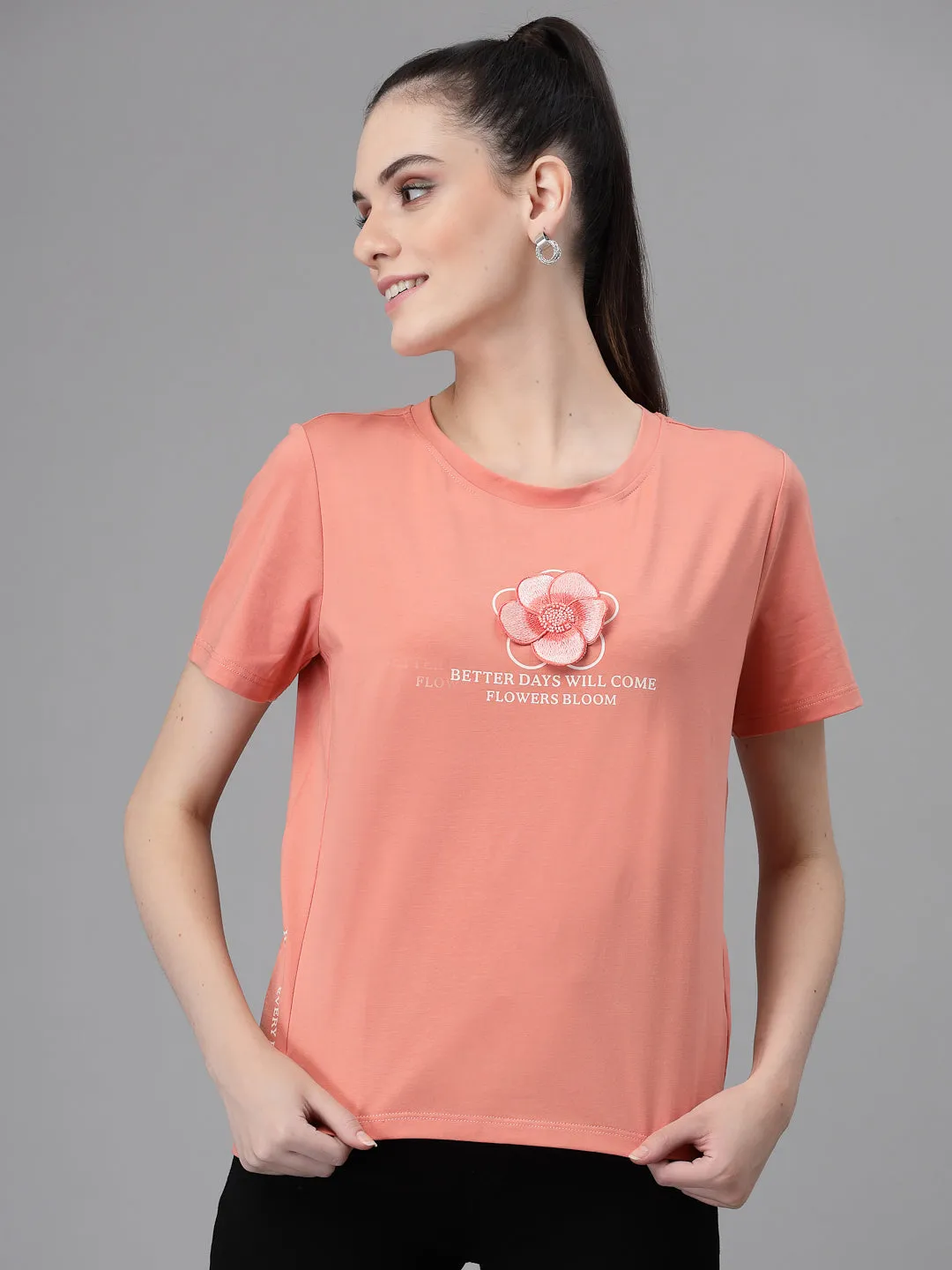 Women Regular Fit Round Neck Printed Peach Top