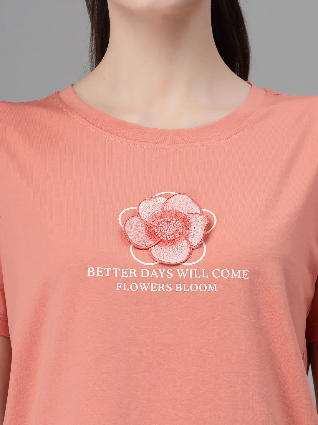 Women Regular Fit Round Neck Printed Peach Top