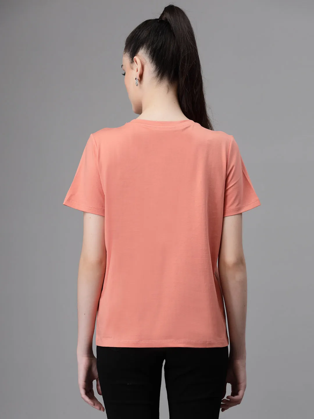 Women Regular Fit Round Neck Printed Peach Top