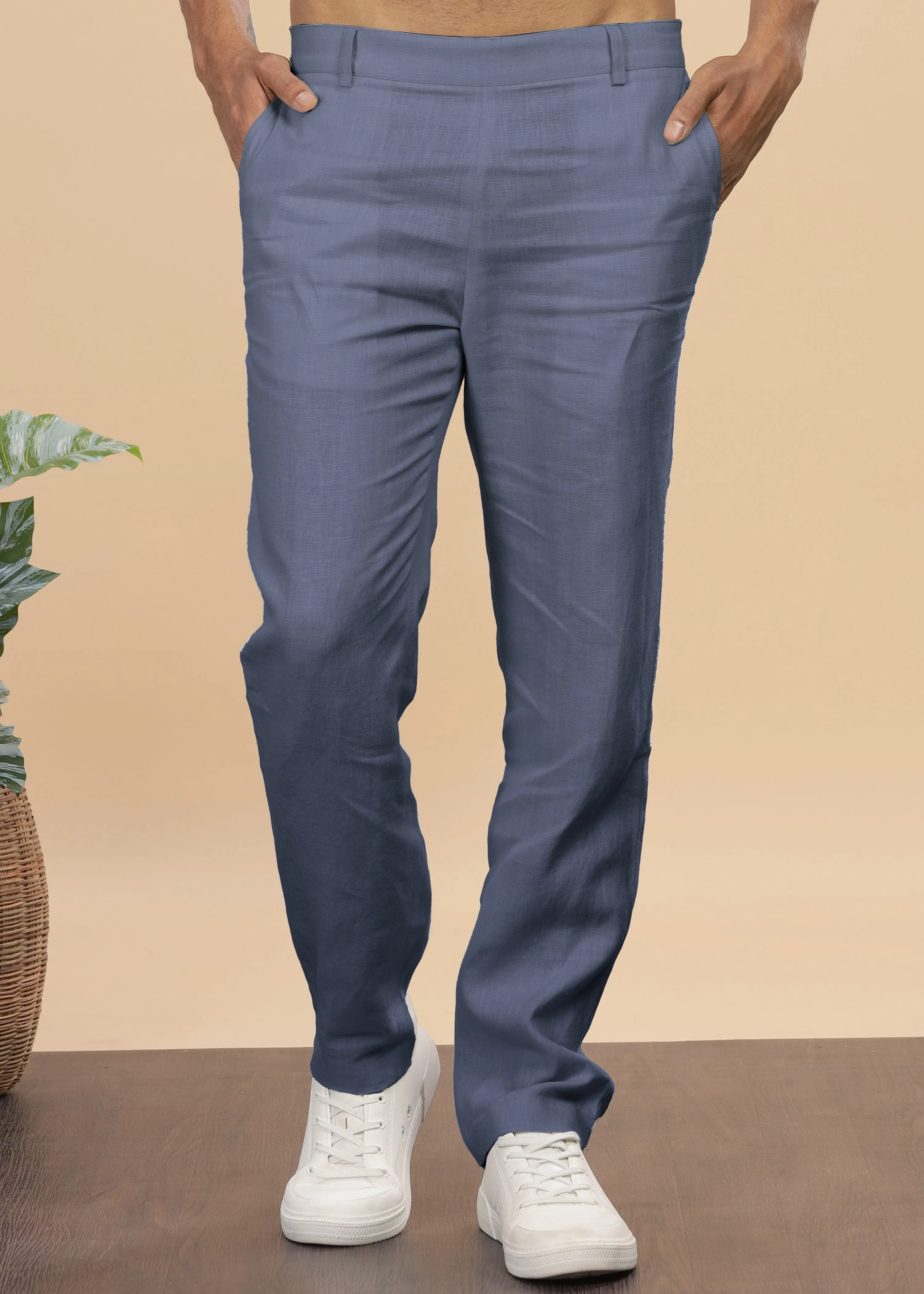 Zen Relaxed Elastic Pure Linen Trousers - Dark Blue Grey