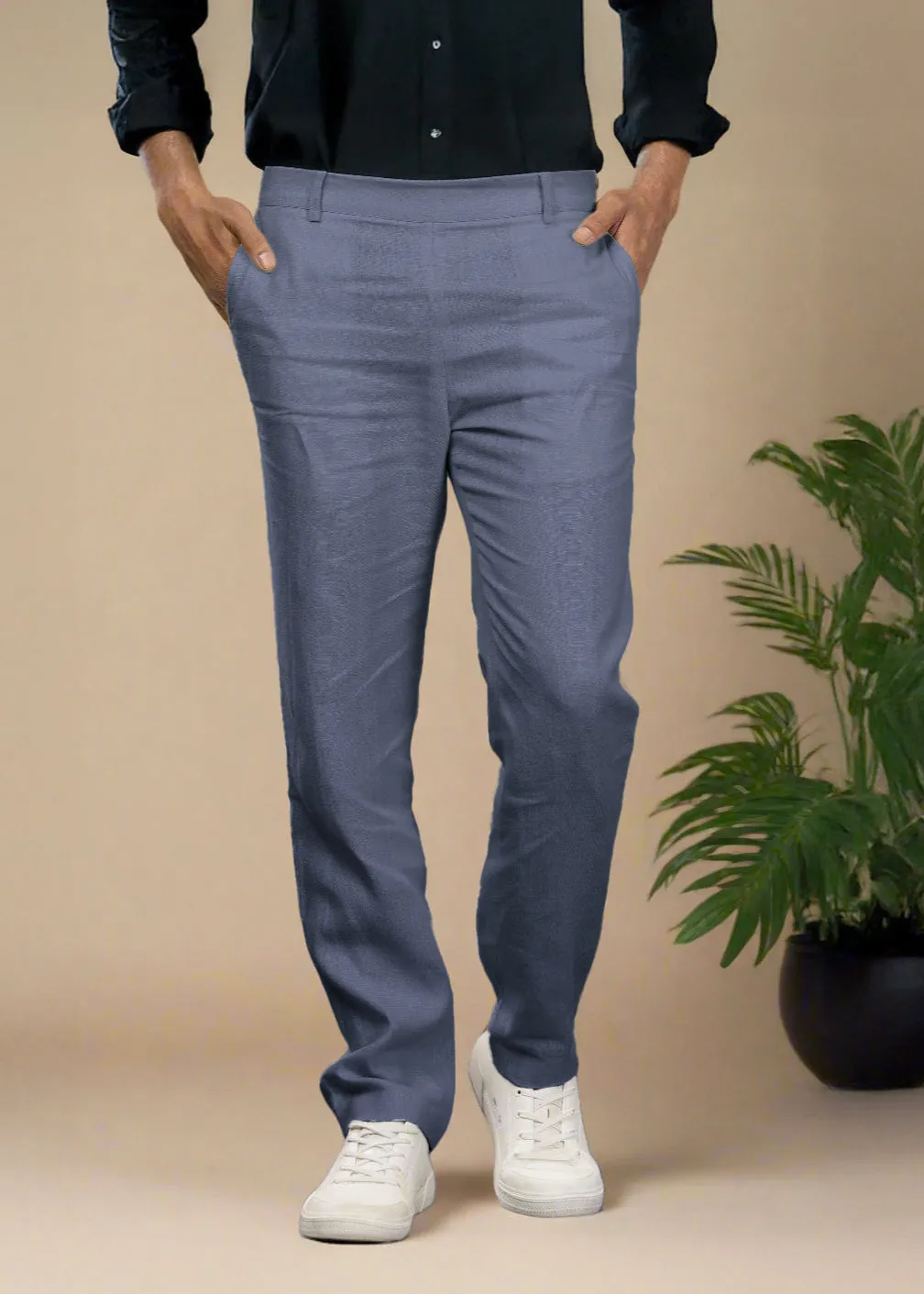 Zen Relaxed Elastic Pure Linen Trousers - Dark Blue Grey
