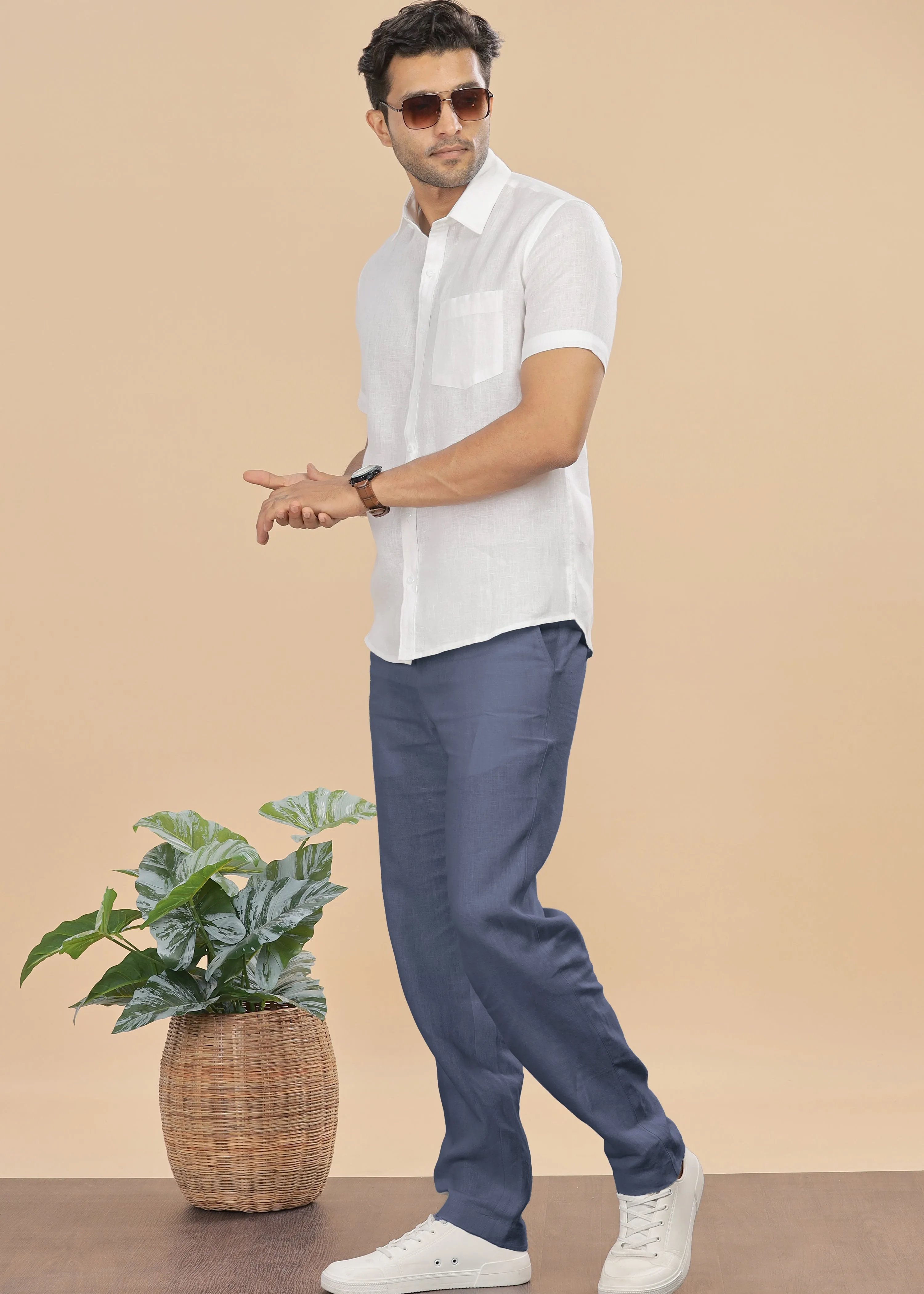 Zen Relaxed Elastic Pure Linen Trousers - Dark Blue Grey